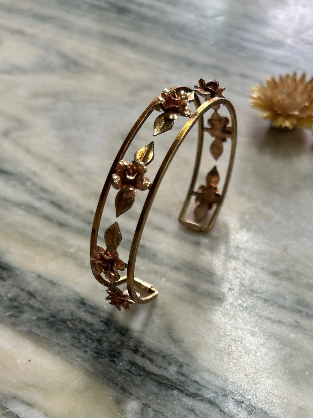 Krementz Gold Filled Rose and Leaf Cuff Bracelet